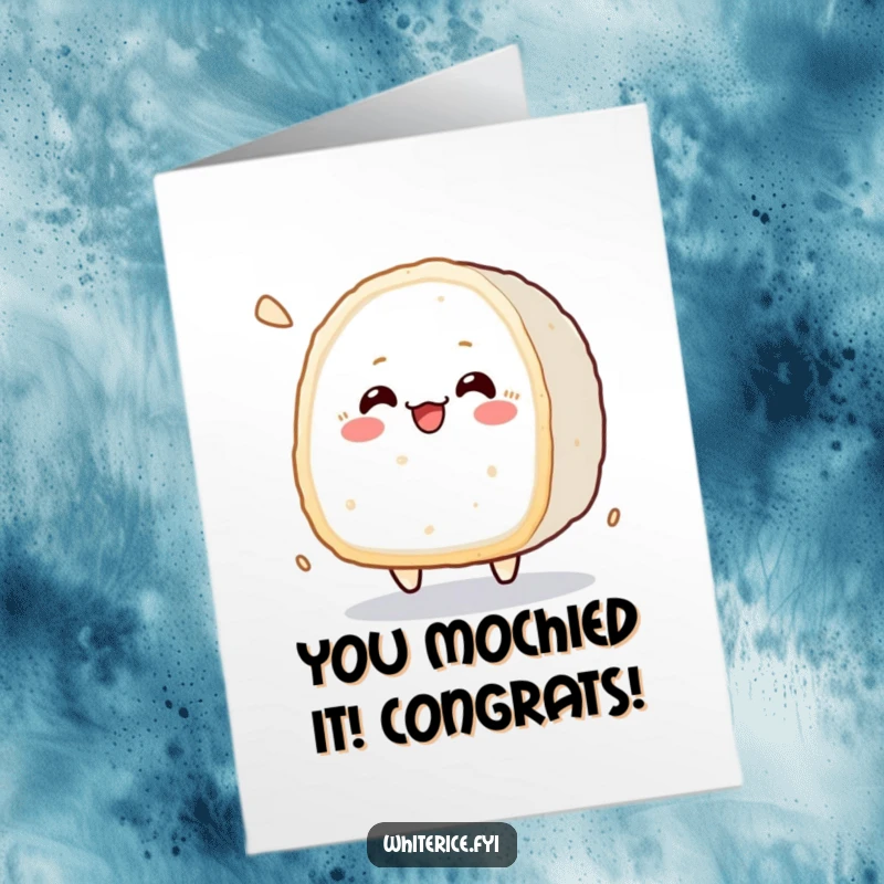 Funny Free Printable Congratulations Card: A cute kawaii rice cake bouncing happily to celebrate achievements.