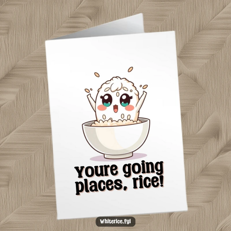Funny Free Printable Rice Congratulations Card: a rice grain character with wide, surprised eyes, launching itself out of a bowl.