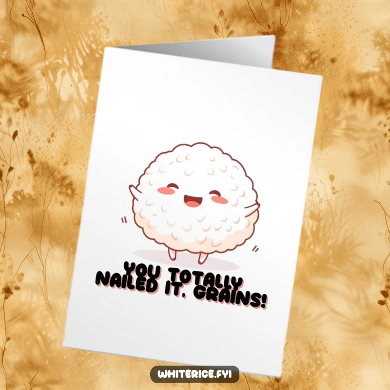 Funny free printable congratulations card featuring a happy mound of white rice doing a celebratory bounce.