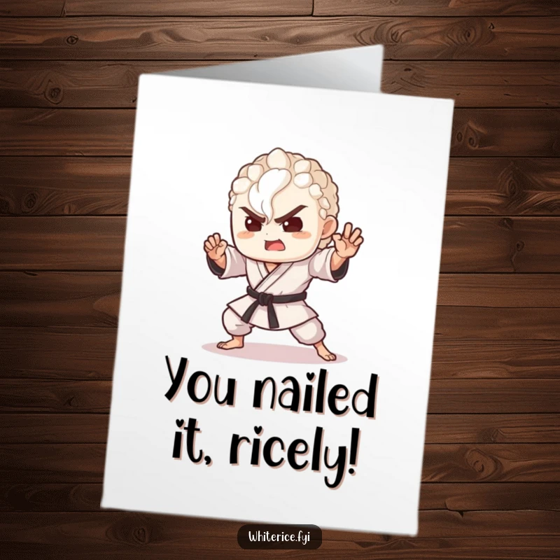 Funny Free Printable Congratulations Card: A delighted rice grain strikes a dramatic martial arts pose to celebrate a win.