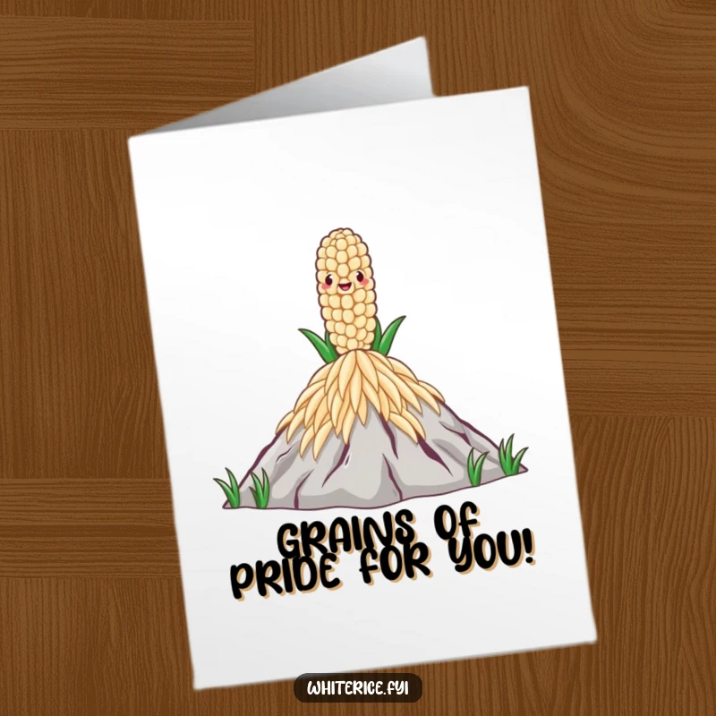 Funny Free Printable Congratulations Card: A proud rice grain stands tall on a mountain of rice, symbolizing a monumental success.