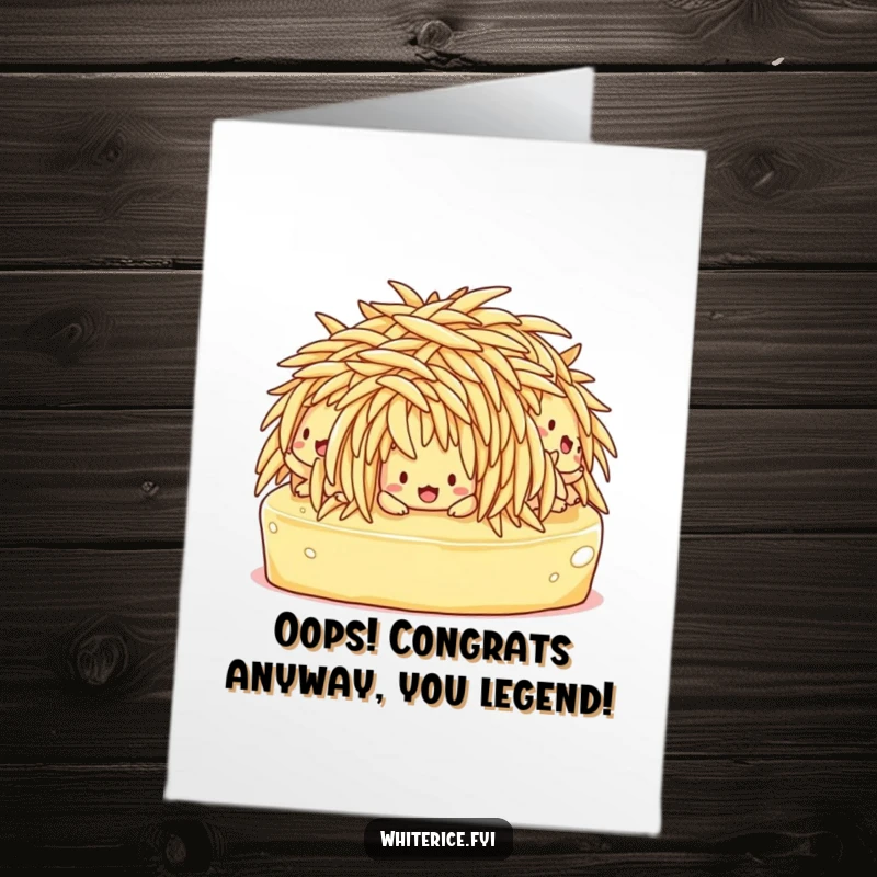 Funny Free Printable Congratulations Card depicting a bewildered bunch of rice characters losing their footing on butter.