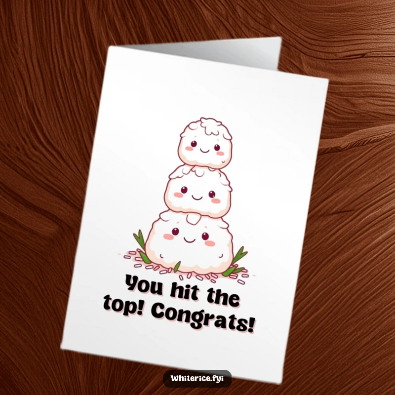 Funny free printable congratulations card: a happy stack of white rice characters forming a pyramid, celebrating collective achievement.