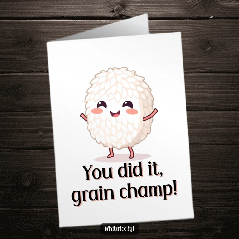 Funny Free Printable Congratulations Card: A cheerful white rice grain in mid-dance, celebrating success with infectious energy.