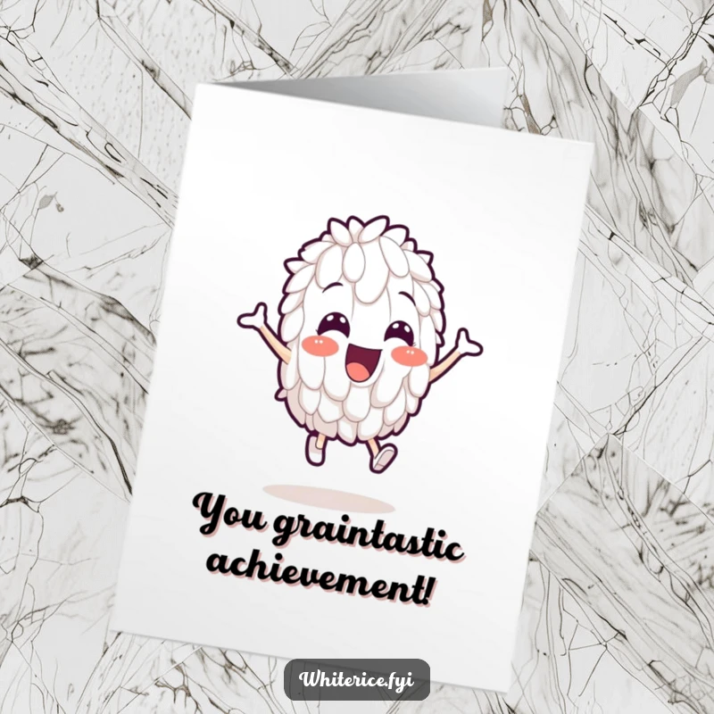 Funny Free Printable Congratulations Card: A single white rice grain joyfully leaping, celebrating success with downloadable humor.