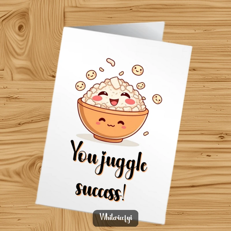 Funny Free Printable Congratulations Card showing a laughing rice bowl character juggling several happy rice grains.