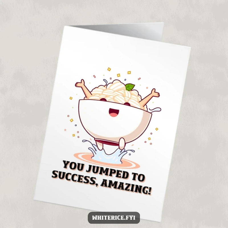 Free Printable Congratulations Card: An ecstatic kawaii rice bowl performs a high jump, sending a celebratory splash into the air.