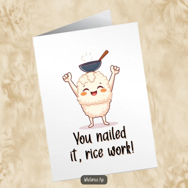 Funny Free Printable Congratulations Card: A cheerful white rice character with a triumphant smile holds aloft a miniature wok, celebrating victory.
