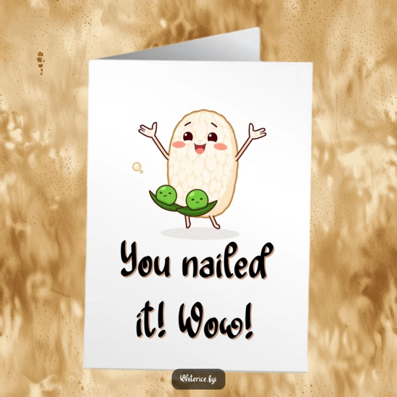 Funny free printable congratulations card featuring a happy rice grain character juggling three peas, celebrating a spectacular success.