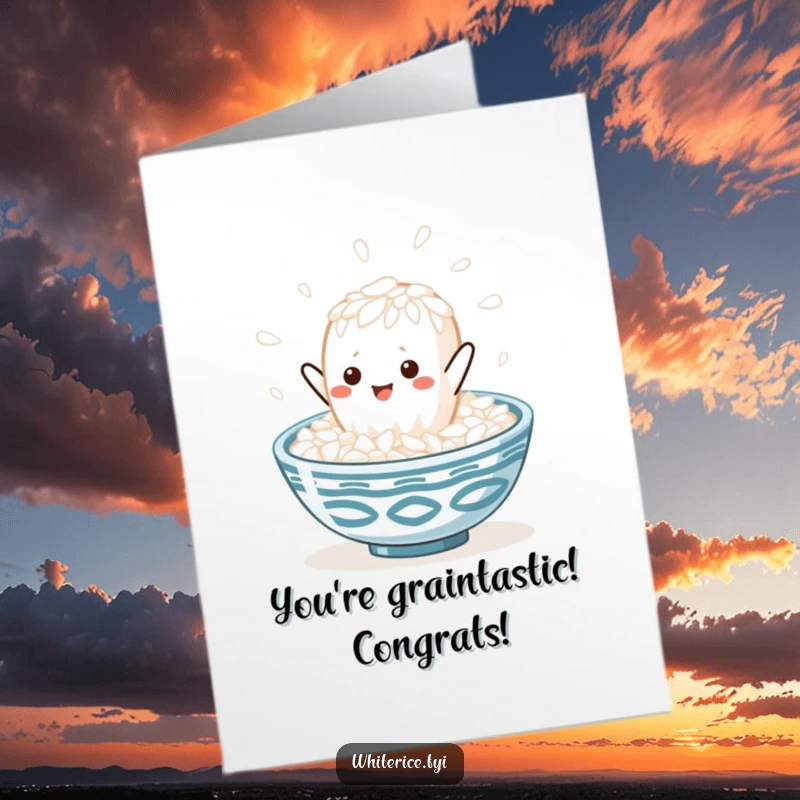 Funny Free Printable Congratulations Card: Kawaii white rice grain mid-leap into a steaming bowl, celebrating a fantastic achievement.