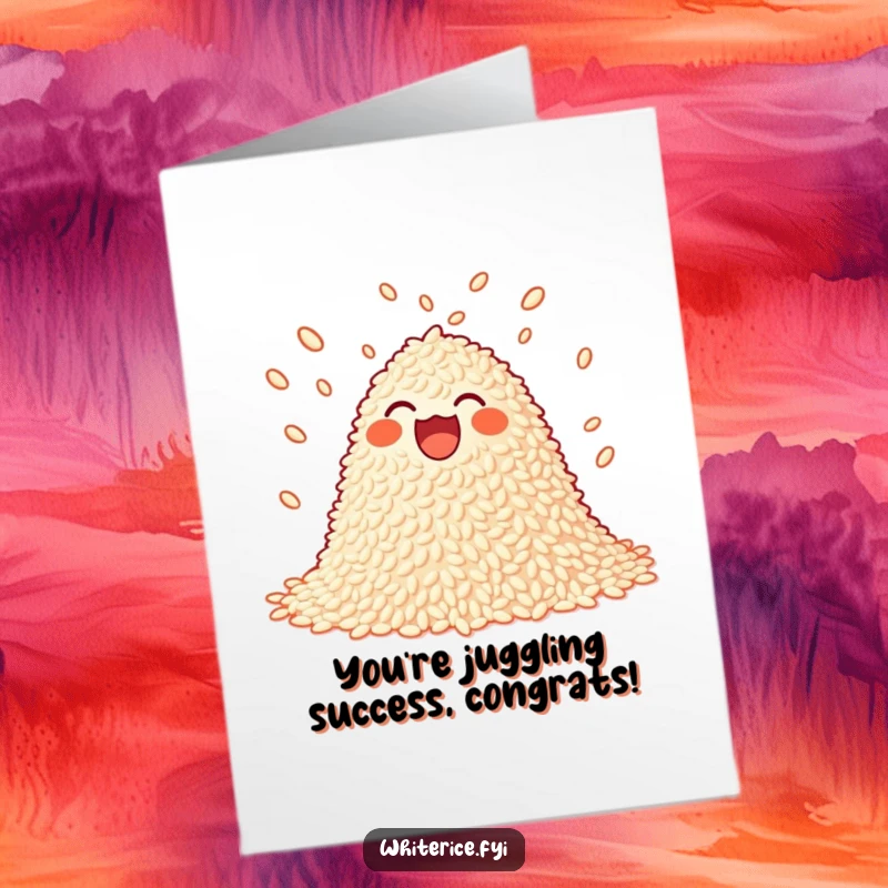 Funny free printable congratulations card depicting a joyful pile of rice playfully juggling grains in celebration.
