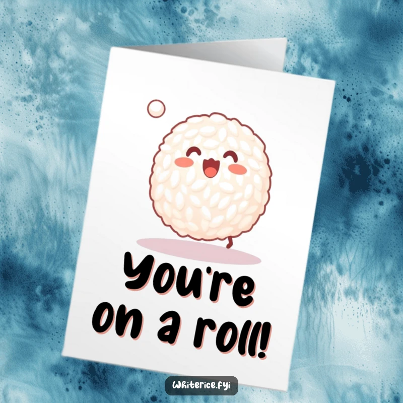Funny Free Printable Congrats Card: Happy grain of white rice joyfully bouncing a tiny ball, celebrating your achievement.