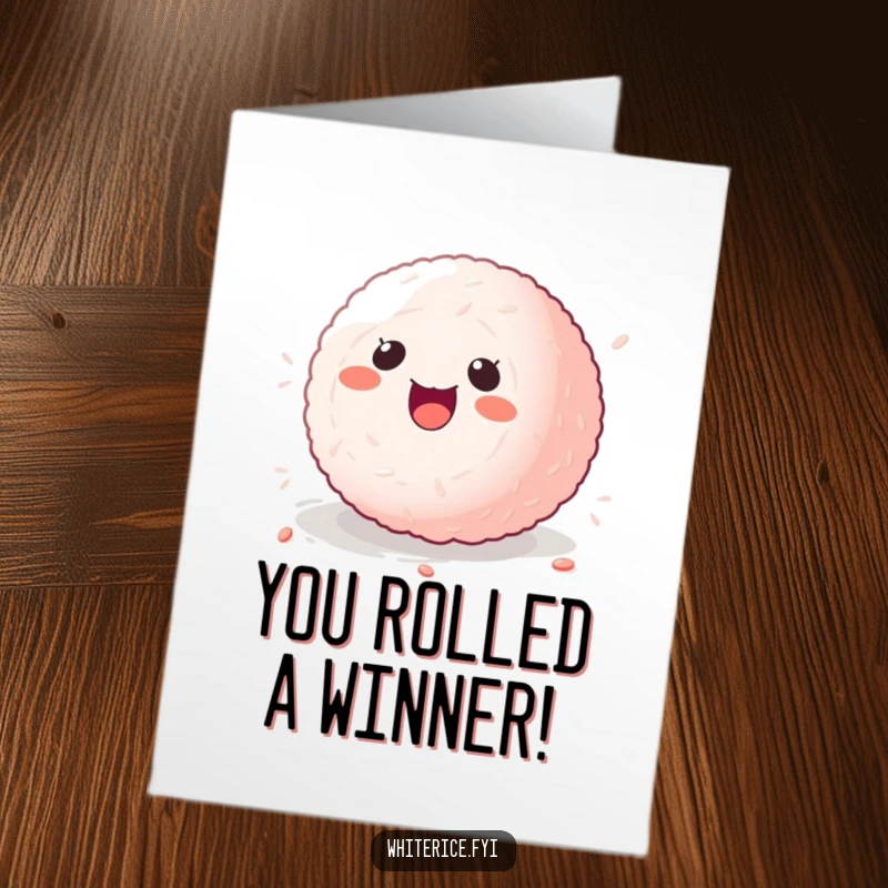 Free Printable Congratulations Card: A kawaii sticky rice ball in mid-roll, expressing sheer delight and celebration.