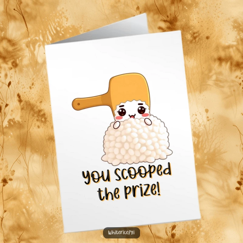 Funny Free Printable Congratulations Card with a focused rice paddle character scooping a large mound of rice.