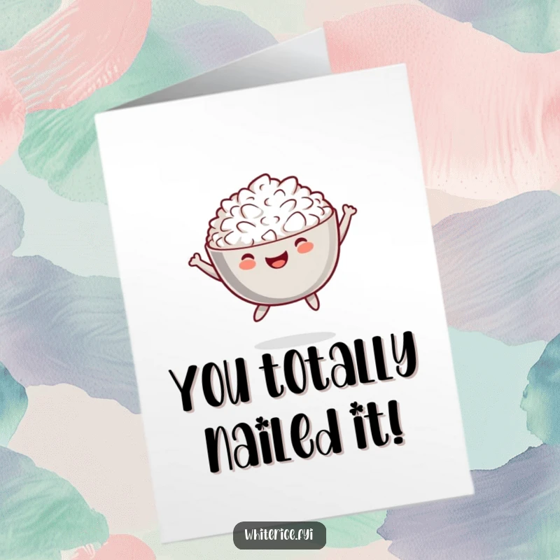 Funny Free Printable Congratulations Card of a cheerful bowl of rice jumping playfully, celebrating accomplishments with gusto.