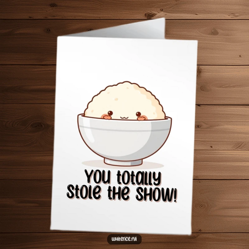 Funny Free Printable Congrats Card: A bashful rice cake peeking out, celebrating success with adorable shyness.