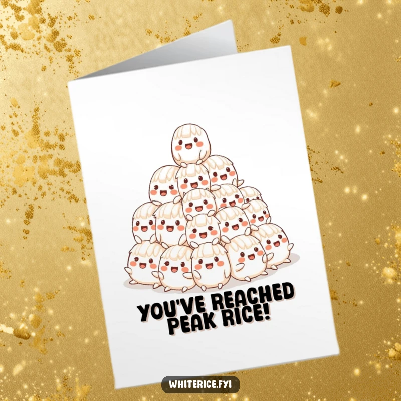 Funny Free Printable Congratulations Card with a wobbly pyramid of happy rice characters celebrating an achievement.
