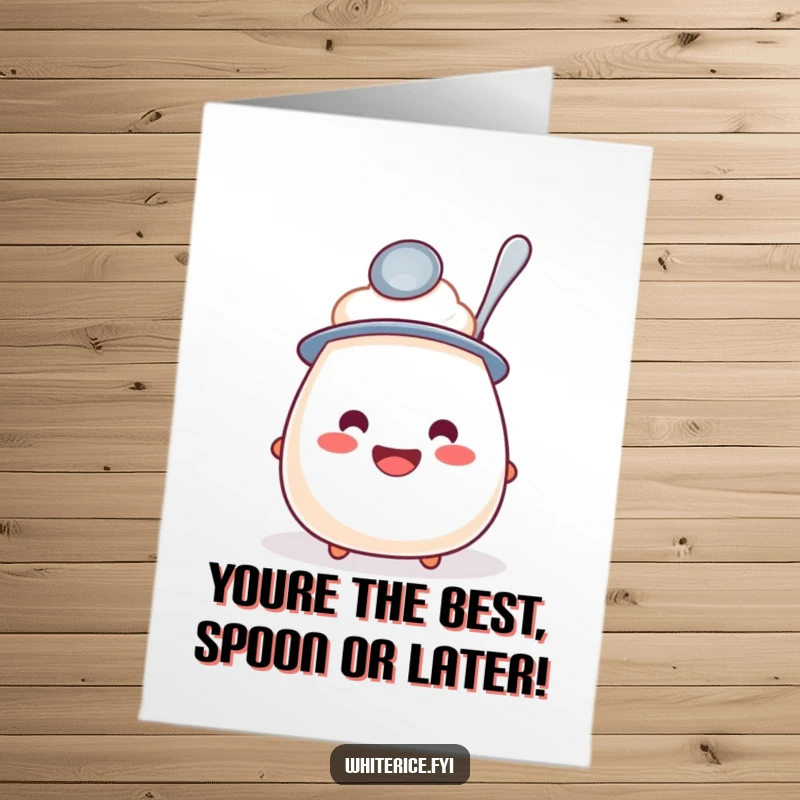 Free Printable Congratulations Card: Cheerful rice pudding sporting a tiny spoon hat, perfect for any celebration.
