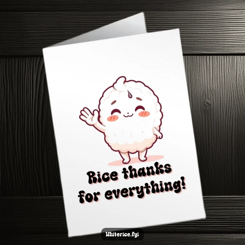 Funny Free Printable Rice character giving a friendly wave, perfect for a thank you greeting card, easy to print.