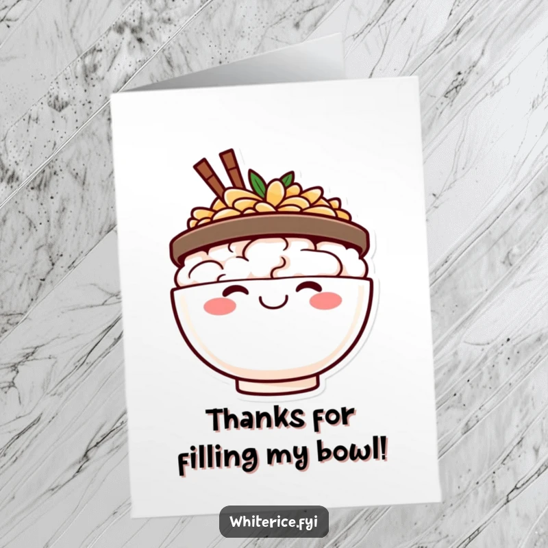 Funny Free Printable Thank You Card: A happy rice bowl character with a big, radiant smile, offering heartfelt thanks.