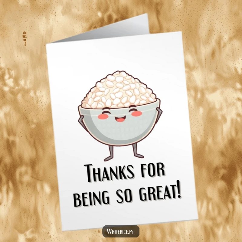 Funny free printable thank you card of a smiling rice bowl character striking a proud, thankful pose.