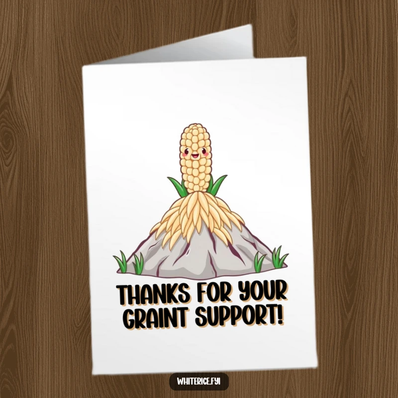 Funny Free Printable Thank You Card: A proud rice grain stands tall on a rice mountain, overlooking a vast expanse of gratitude.
