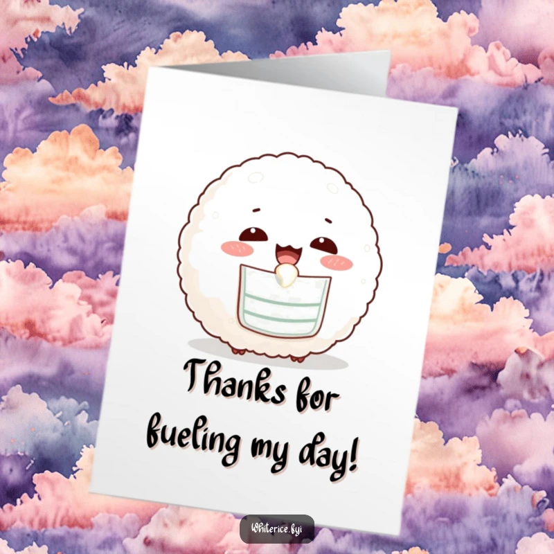Funny free printable thank you card of an amused rice ball wearing a bib and happily slurping rice.