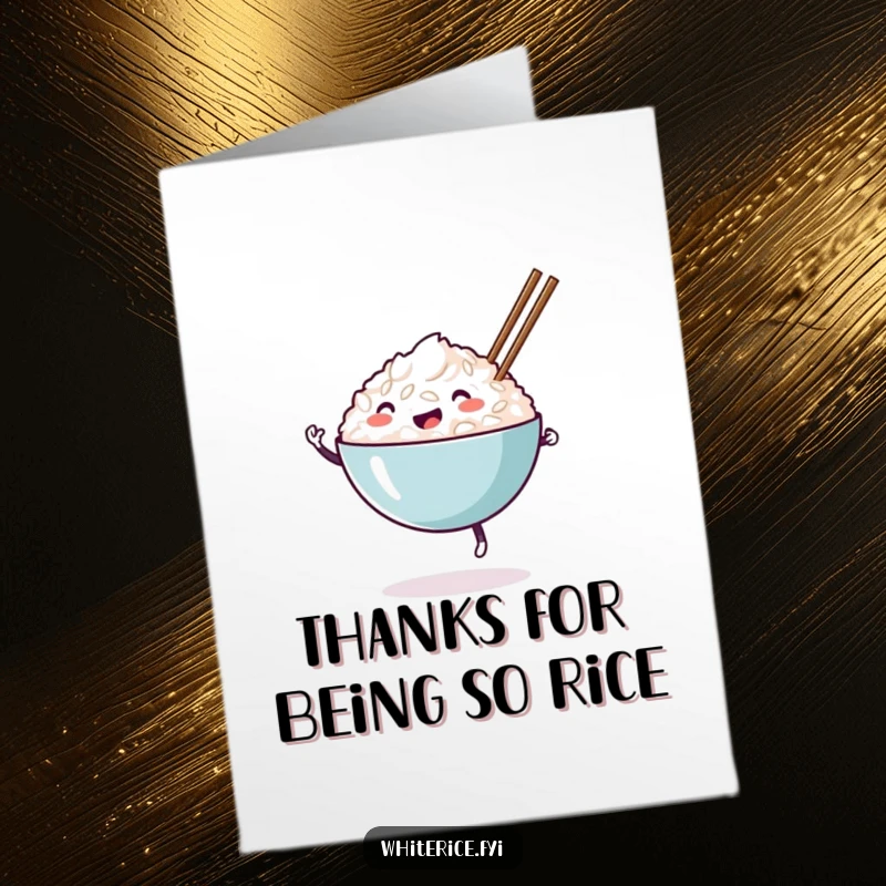 Funny Free Printable Thank You Card: A happy bowl of white rice character dances with chopsticks, showing cheerful thanks.
