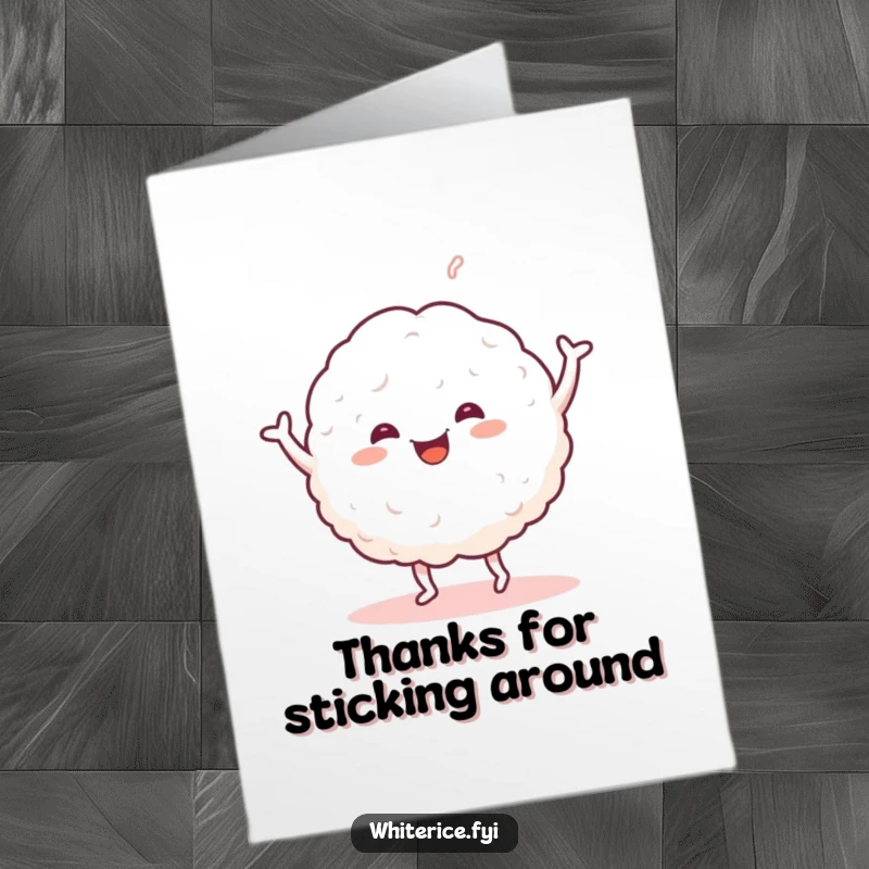 Funny Free Printable Thank You Card: A happy glob of white rice dances with excitement, expressing thanks.