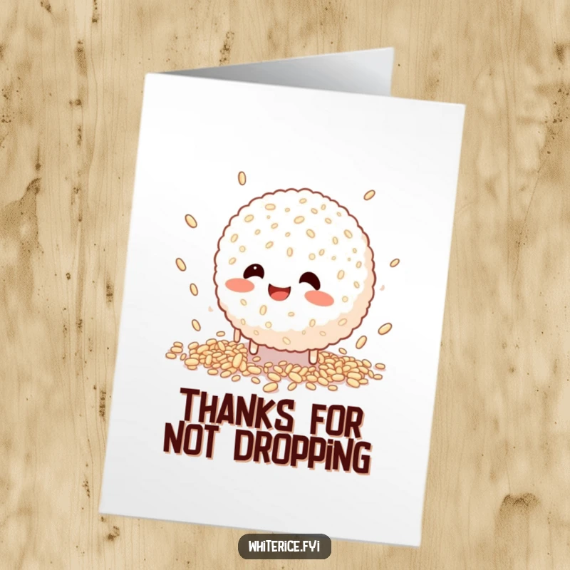 Funny Free Printable Thank You Card illustrating a happy rice ball character comically trying to catch falling grains.