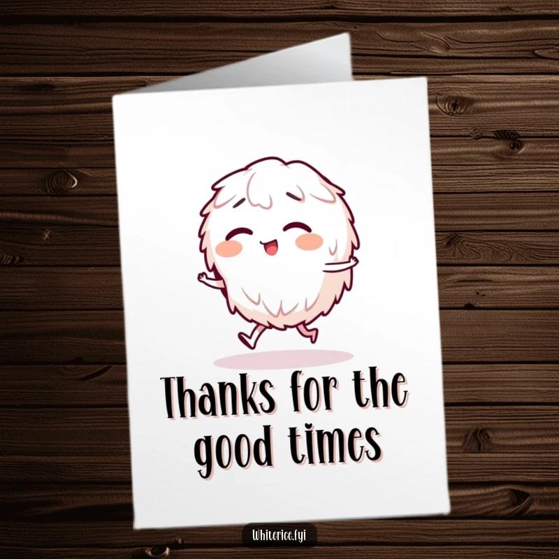 Funny Free Printable Thank You Card featuring a giggling rice character doing a little stagger, conveying heartfelt thanks with humor.
