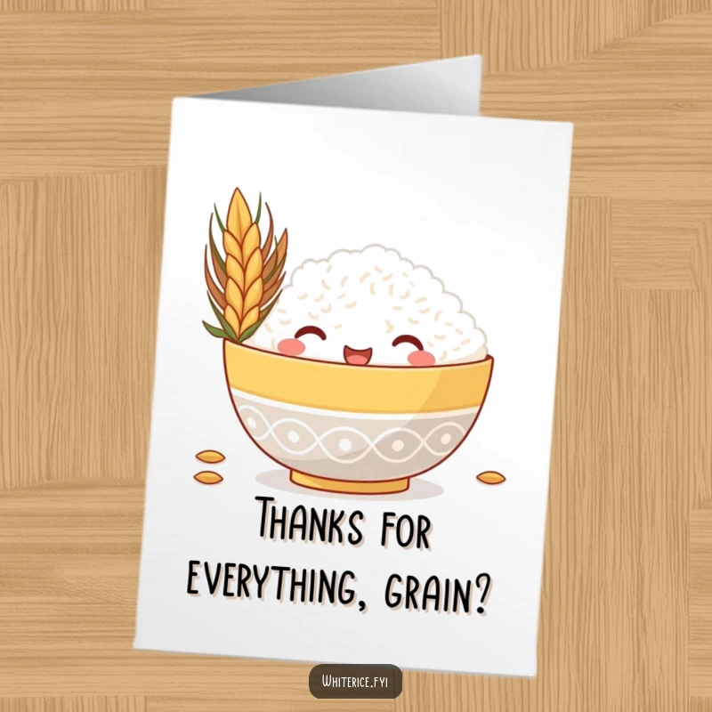 Funny Free Printable Thank You Card with a happy rice bowl peeking from behind a large grain, expressing thanks with a smile.