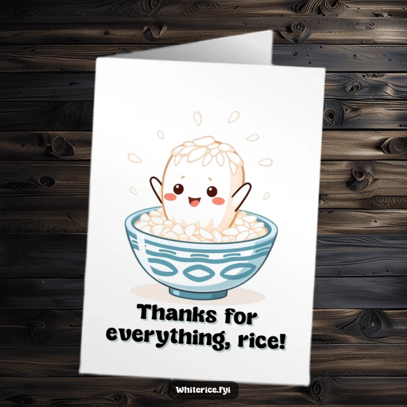 Funny Free Printable Thank You Card: Happy kawaii white rice grain leaping joyfully into a bowl, expressing heartfelt thanks.