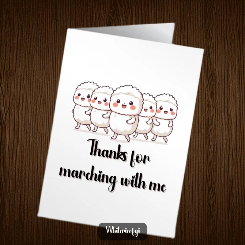 Funny Free Printable thank you card: a cheerful group of white rice characters marches in a neat line, grateful.