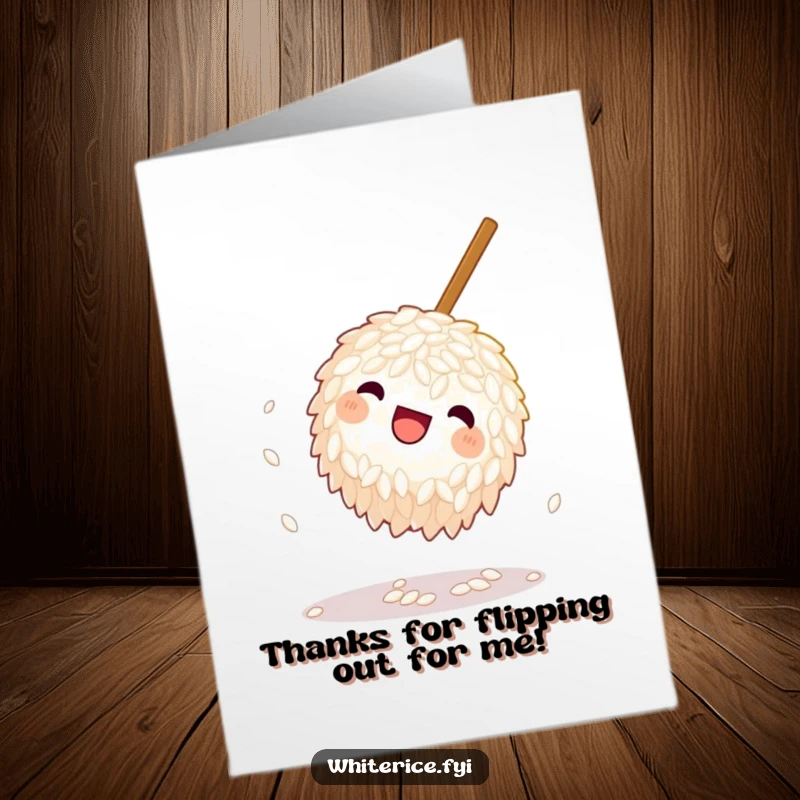 Funny Free Printable Thank You Card: Playful rice grain doing a somersault near a chopstick, expressing thanks. Joyful downloadable art.