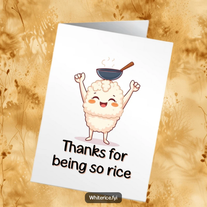 Funny Free Printable Thank You Card: A cheerful white rice character with a triumphant smile holds aloft a miniature wok, conveying thanks.