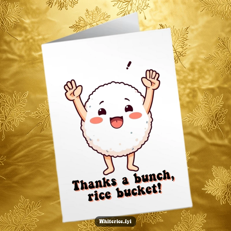 Funny Free Printable Thank You Card: A triumphant rice character celebrating gratitude with raised arms.