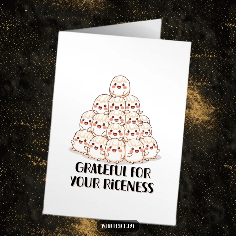 Funny Free Printable Thank You Card depicting a wobbly pyramid of smiling rice characters expressing gratitude.