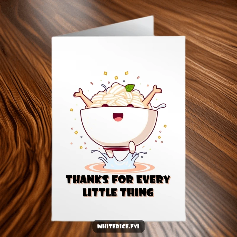 Funny Free Printable Thank You Card: A delighted kawaii rice bowl jumps high, creating a playful splash of gratitude.