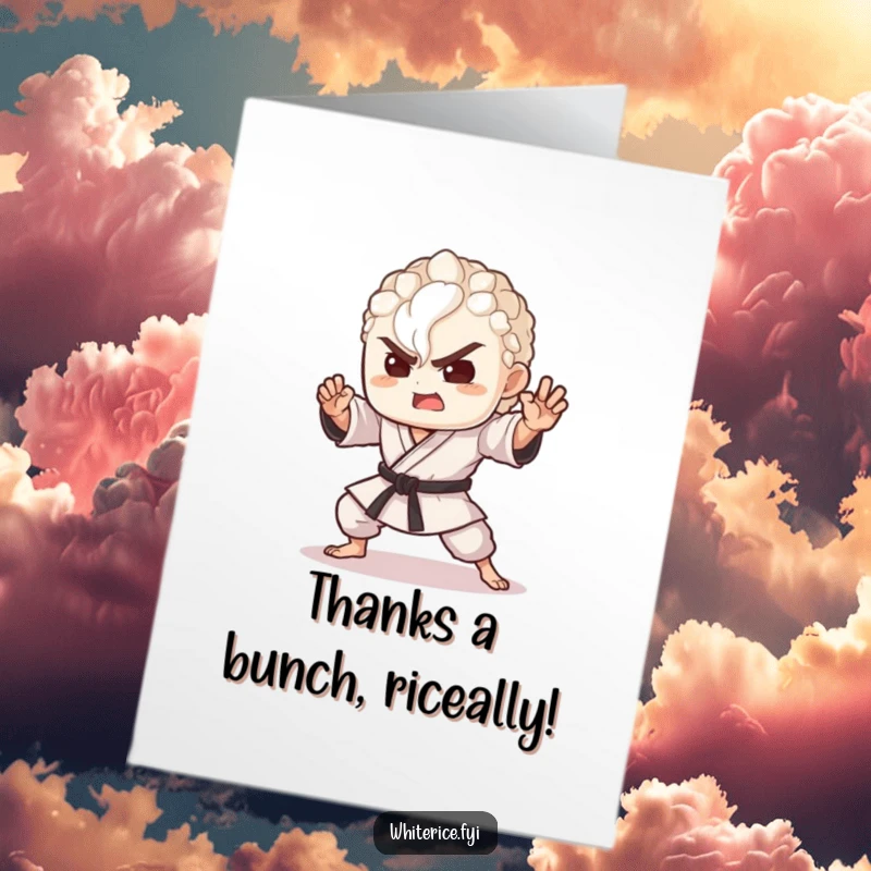Funny Free Printable Thank You Card: A delighted rice grain in a dramatic martial arts pose expressing gratitude, a unique downloadable.