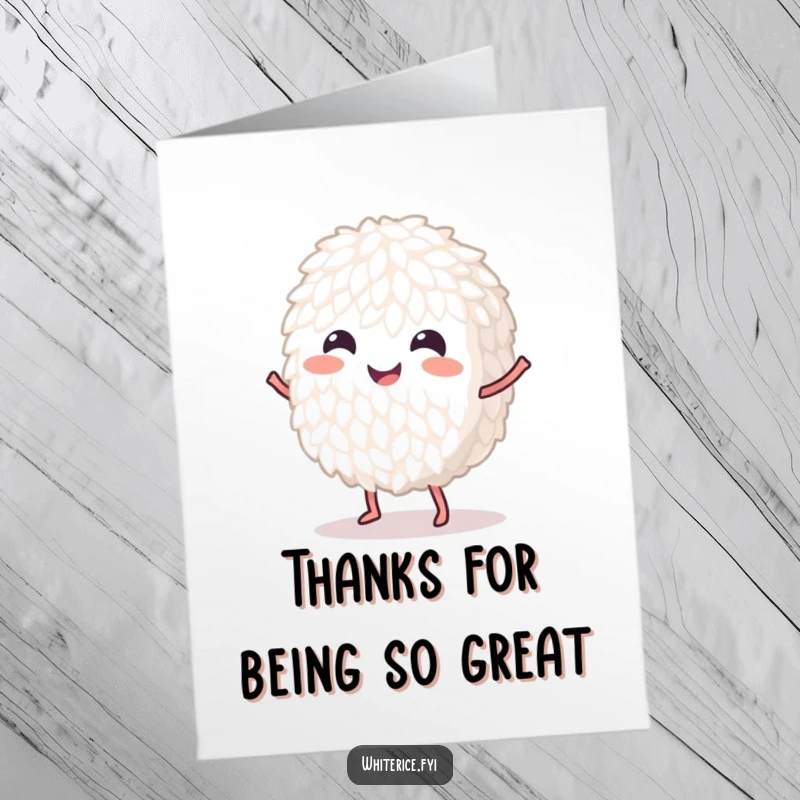 Funny Free Printable Thank You Card: A happy grain of white rice performing a joyful dance, conveying heartfelt thanks.