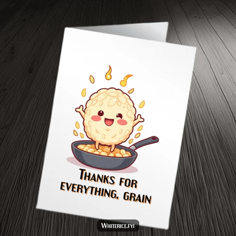 Funny Free Printable Thank You Card: A cheerful beige rice grain performs a wild flip in a hot pan.