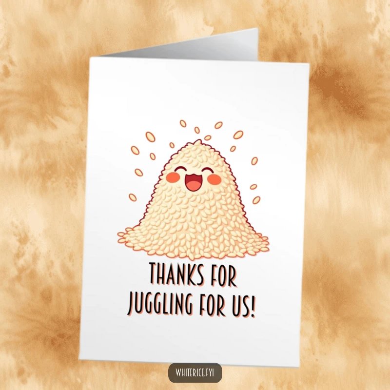 Funny free printable thank you card of a joyful rice pile playfully juggling small grains, expressing thanks.