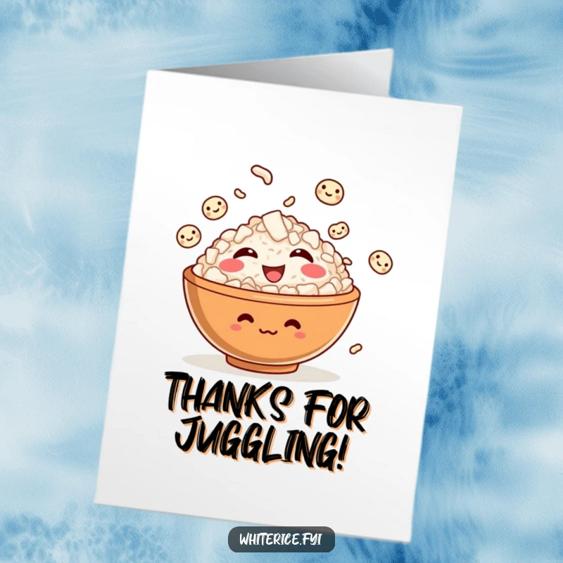Funny Free Printable Thank You Card of a giggling bowl of rice character juggling smiling grains.