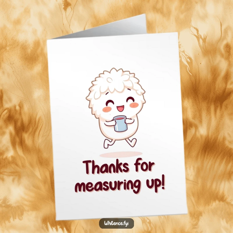 Funny free printable thank you card: a playful white rice character skipping with a measuring cup, conveying happy thanks.