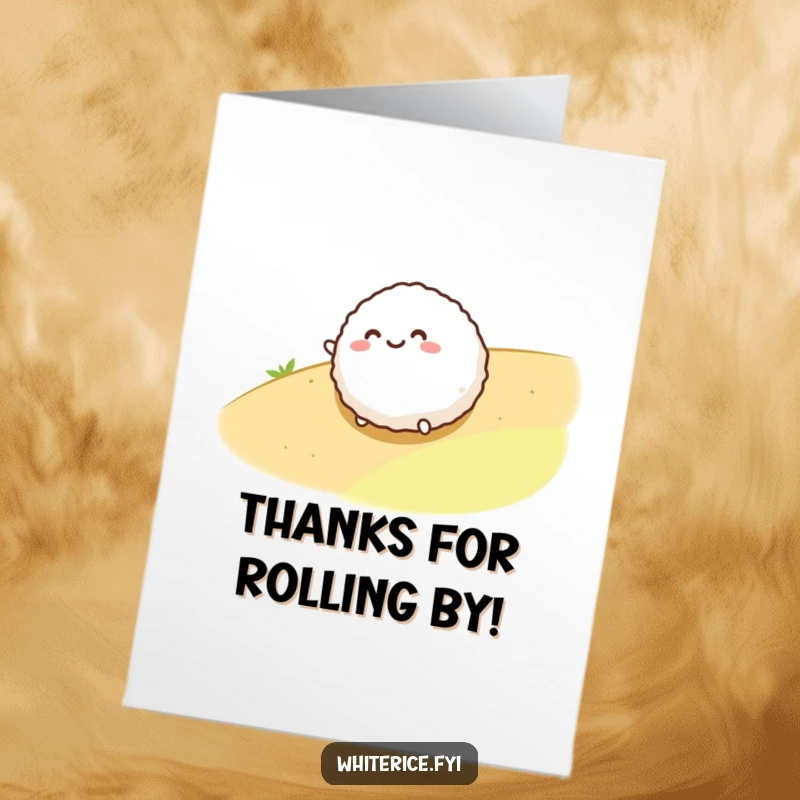 Funny Free Printable Thank You Card depicting a smiling rice ball character joyfully rolling downhill.