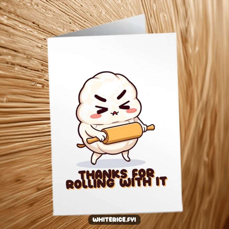 Funny Free Printable Thank You Card of a determined rice dumpling character pushing a small rolling pin, expressing thanks.