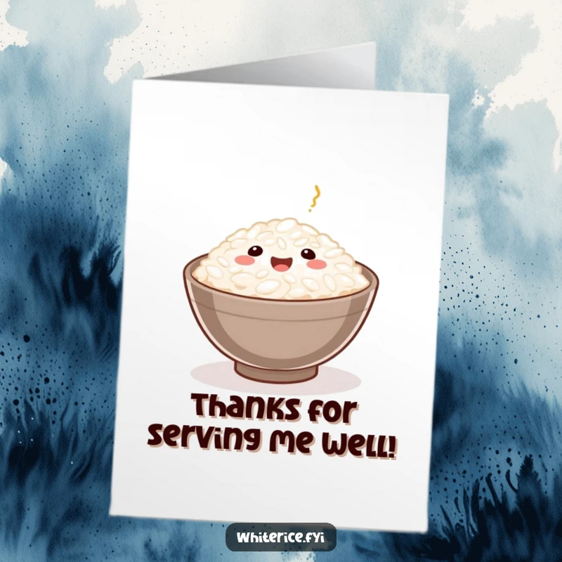 Funny Free Printable Thank You Card: A happy rice grain sits in a bowl, representing a simple yet profound expression of thanks.