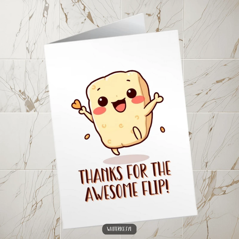 Funny Free Printable Thank You Card: A delighted Kawaii rice cracker doing a backflip to express sincere appreciation.