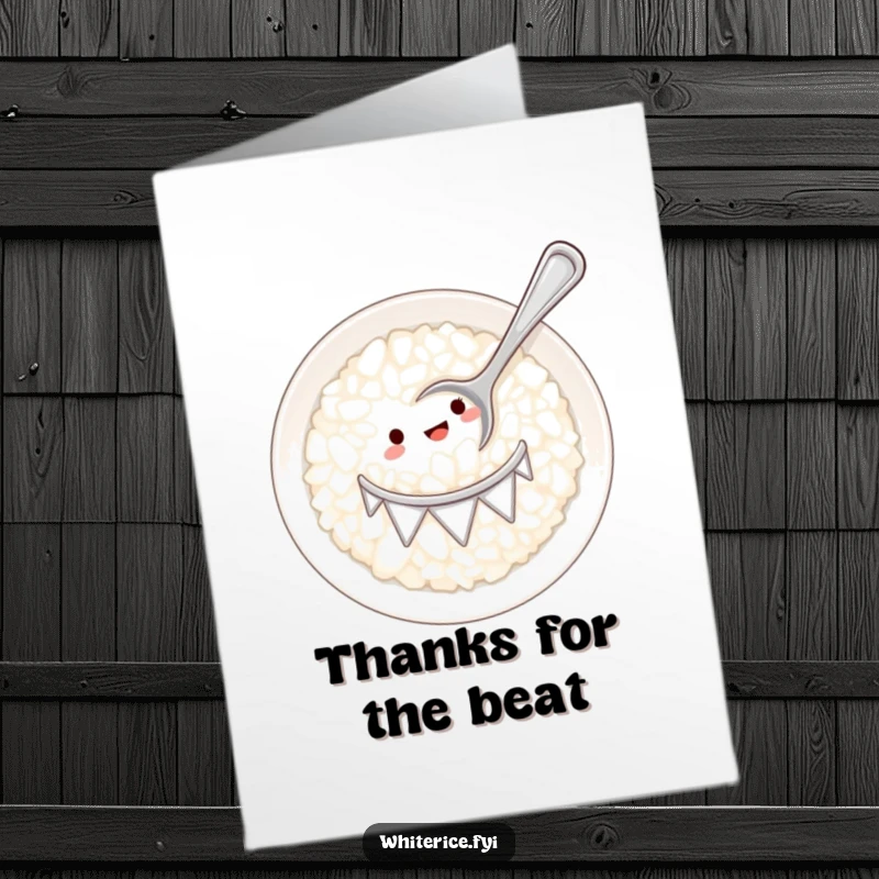 Funny Free Printable Thank You Card: A small spoon drumming a lively rhythm on a plate of white rice, showing enthusiastic gratitude.